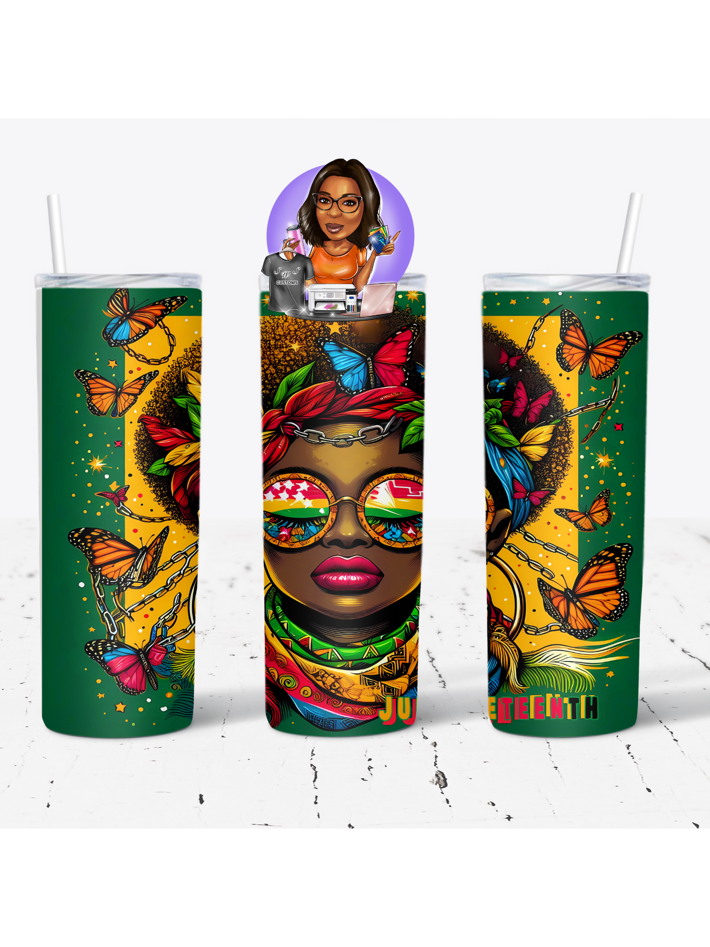 Juneteenth Glasses and Butterflies Tumbler/mug