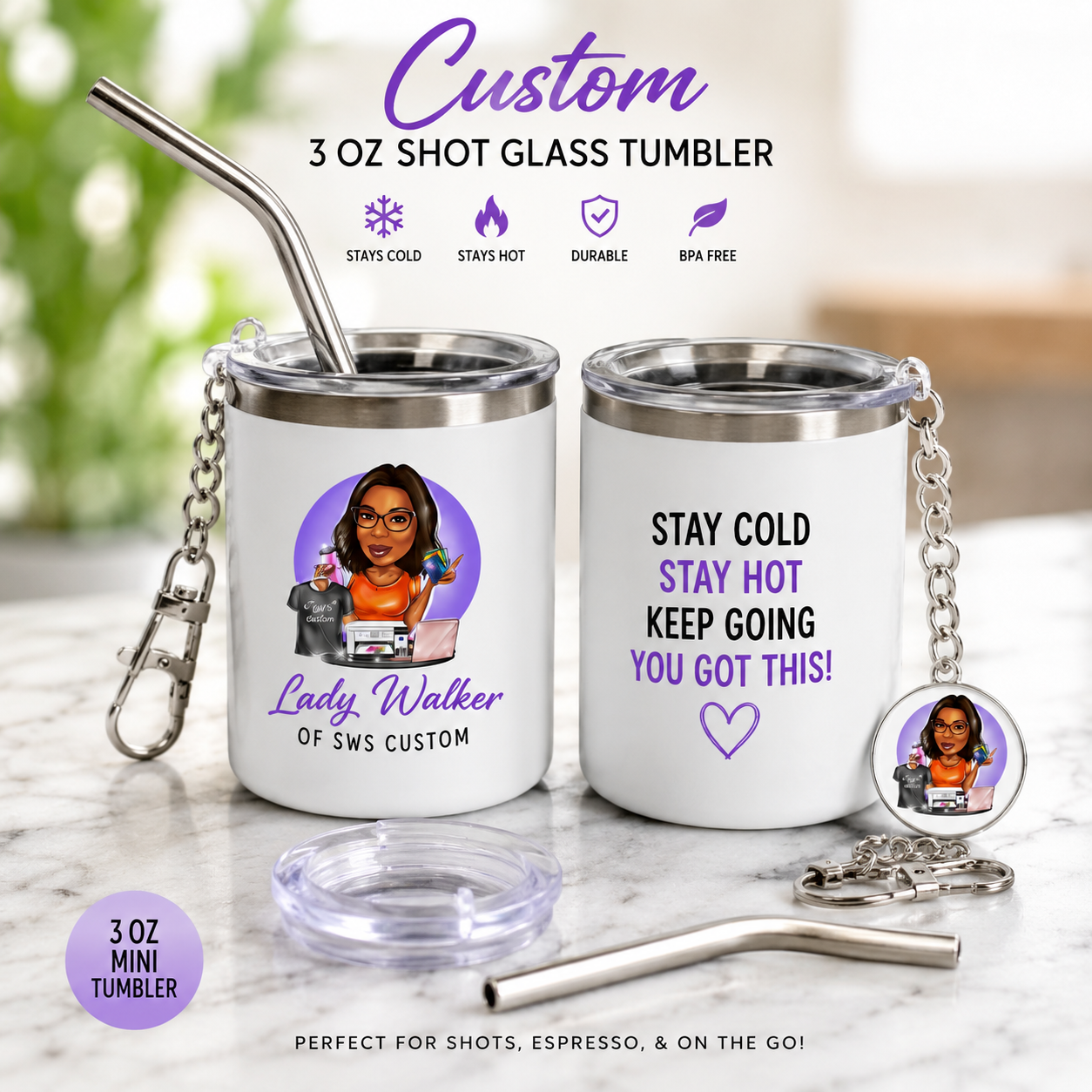 Custom 3 oz Mini Shot Glass Tumbler with Straw & Keychain