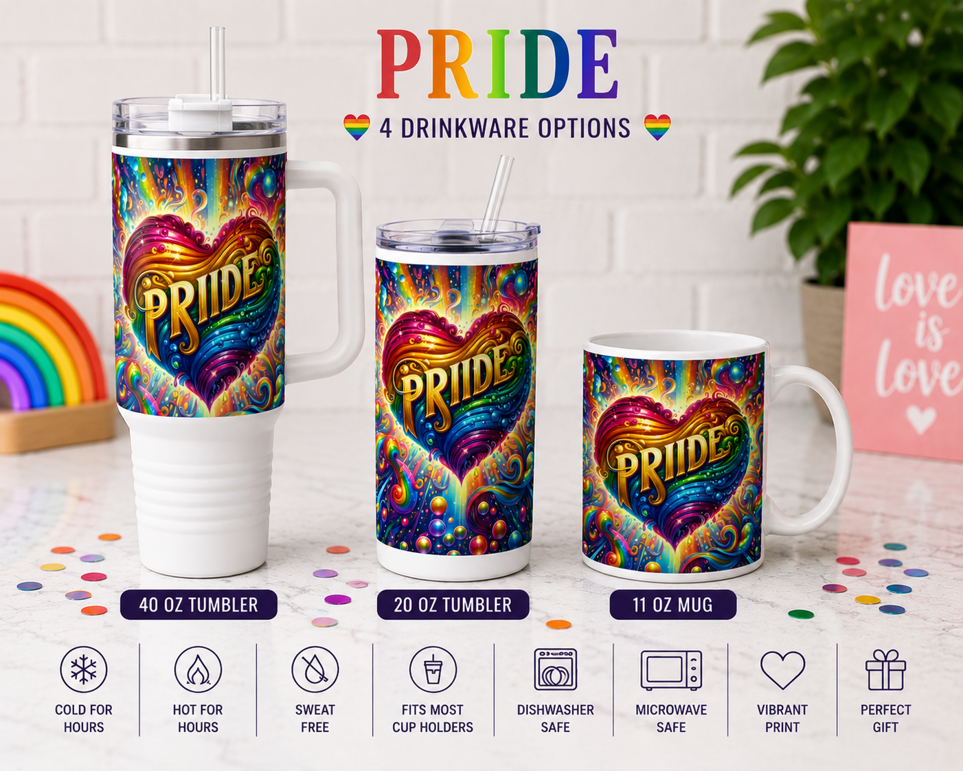 PRIDE Rainbow Heart Drinkware