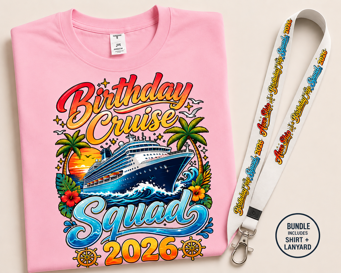 Pink Birthday Cruise Squad Shirt & Lanyard