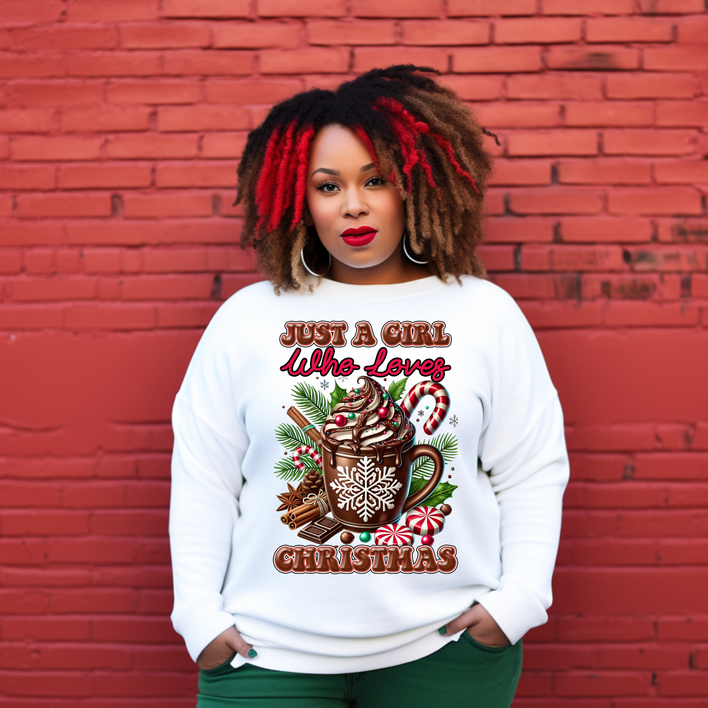 Just a Girl who Loves Christmas Hot Cocoa Mug Sweatshirt